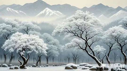 雪后的树林，千万棵树上挂满了洁白的雪花，宛如一夜之间春风吹过，梨花竞相绽放。 by Hailuo AI Video Generator