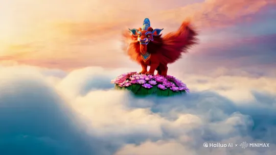 一只麒麟驾着祥云脚踩莲花在天上腾飞 by Hailuo AI Video Generator