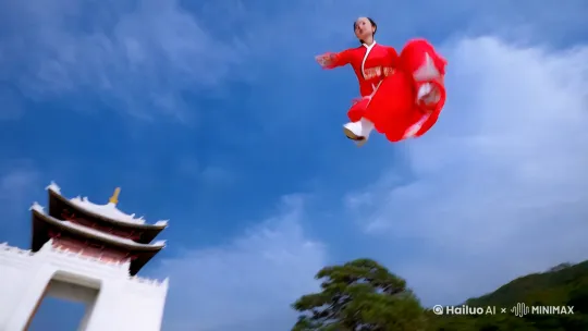 高速飞行，镜头跟随人物快速往前推进，高空上一名身穿红色古装的女子往白色宫殿飞行，随着人物飞近，宫殿缓缓放大到近处，3秒后女人降落在宫殿门前的白色地砖上缓缓往前走去 by Hailuo AI Video Generator