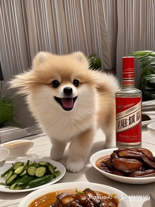 餐桌上摆凉拌黄瓜，热气腾腾的红烧肉，
52 度的茅台酒
麻球笑呵呵 by Hailuo AI Video Generator