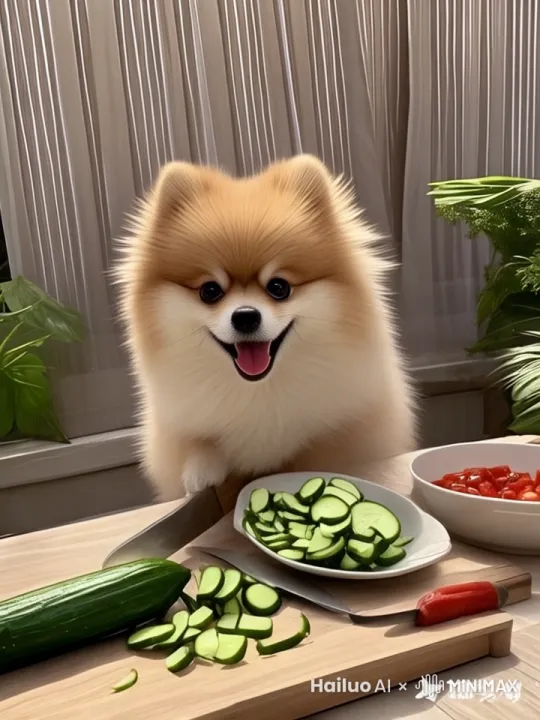 狗狗，把黄瓜放在案板上，前脚拿刀一块一块的切黄瓜，随后加入各种调料均匀搅拌 by Hailuo AI Video Generator