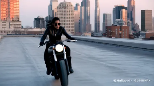 Create a dynamic scene in which a female motorcyclist in sunglasses and a black leather jacket jumps from one skyscraper rooftop to another. Capture the moment in slow motion, precisely focusing on the impactful instant. Emphasize the dramatic tension and aerial acrobatics. Style: cinematic, intense, adrenaline-filled by Hailuo AI Video Generator