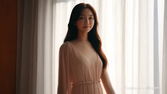 逆光站在窗纱前的美女，升了下双臂。光线透过纱裙一览无遗她完美的体型。镜头推进，女孩回眸看这镜头微笑着。 by Hailuo AI Video Generator