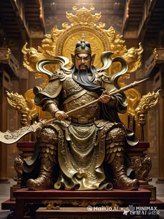 武财神关老爷手执青龙偃月刀，另手拿着《春秋》在看书，身坐大殿，殿前脚下堆满了金钱元宝。√ by Hailuo AI Video Generator