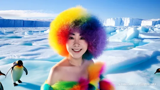穿着彩色连衣裙，站在南极的冰川上，和企鹅在一起 by Hailuo AI Video Generator