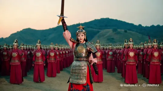 一个身穿铠甲的中国女将军，带领着千万女兵，向敌人冲锋 by Hailuo AI Video Generator