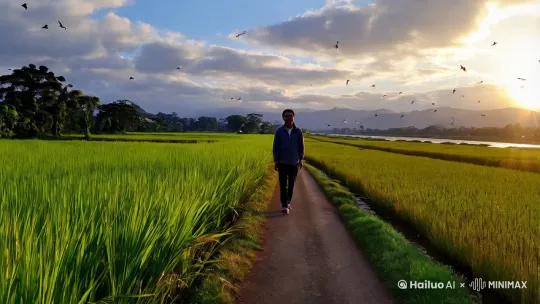 一个人独自走在乡间的小路上，夕阳西下，把他的影子拉的很长，道路两旁是稻子，随风摇曳着，天空中还有各式各样的云，空中还有小鸟，远处，一条小河若影若现 by Hailuo AI Video Generator