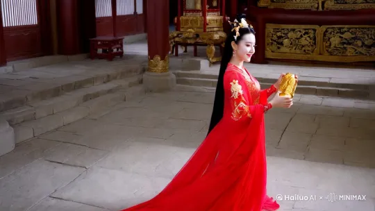 秦朝花痴女 回頭一笑很傾城跳舞 穿著紅舞衣 手握金元寶 by Hailuo AI Video Generator