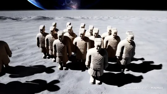 一群秦朝兵馬俑戰士站崗航月球基地走來走去準備迎戰外天人 by Hailuo AI Video Generator