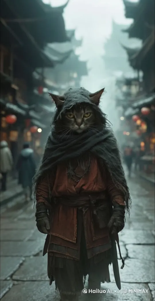 猫咪向前走动。缓慢迈步，后面人影幢幢，天空下着雨 by Hailuo AI Video Generator