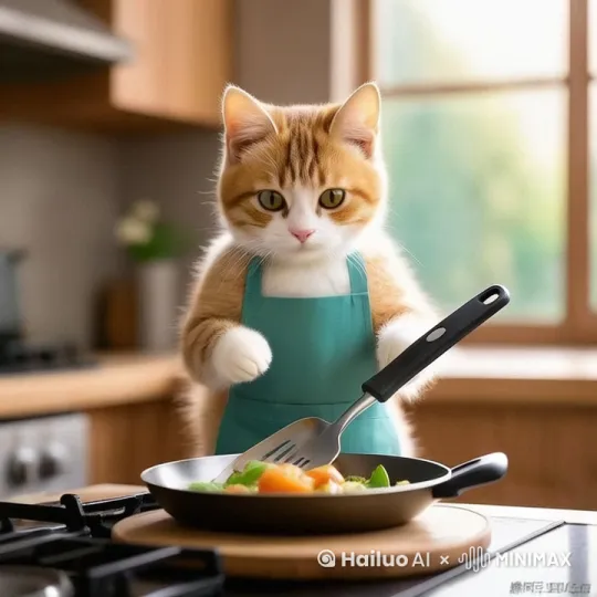 橘猫接好友兔子和大白鹅来家里做客，它亲自下厨做好吃的饭菜 by Hailuo AI Video Generator