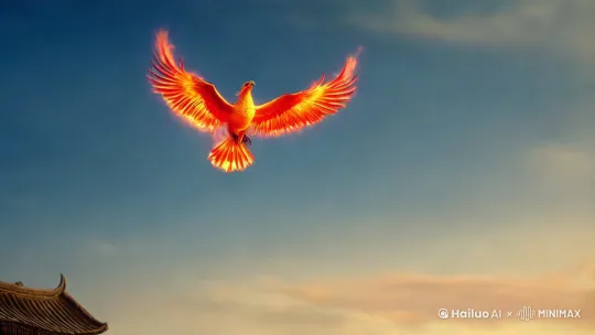 一只火凤凰在天空飞翔，突然变成一个长发及腰的白裙女子，落在人间，变成女人，在人间生活 by Hailuo AI Video Generator