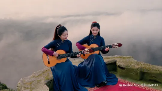 两个漂亮的中国女孩，在浮云中弹吉他 by Hailuo AI Video Generator