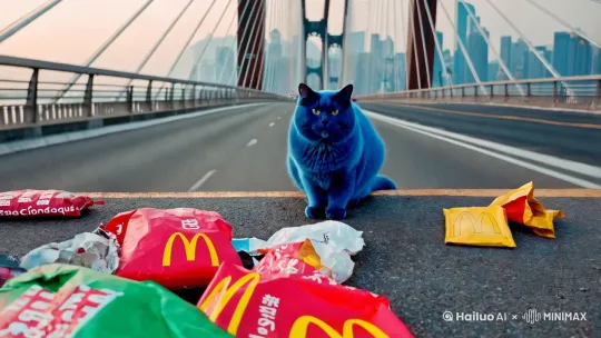 一只蓝色的胖猫站在重庆大桥上乞讨，周围都是麦当劳袋子，里面都是空的 by Hailuo AI Video Generator
