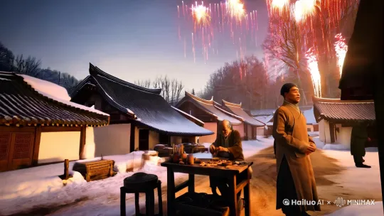 爆竹声中一岁除，春风送暖入屠苏，千门万户瞳瞳日，总把新桃换旧符。 by Hailuo AI Video Generator