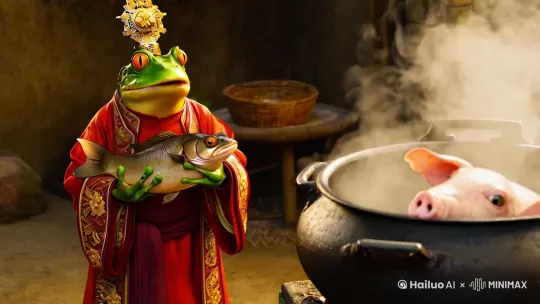 一只青蛙穿着道士的服装，手里拿着摸鱼，正在念着咒语，正在给一只猪超度，他的旁边有一口锅，一直猪躺在锅里面，烧水煮，冒着烟雾，画面比例9:16 by Hailuo AI Video Generator