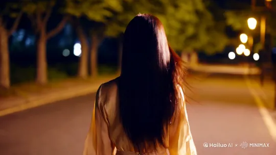 一个中国长发清纯美女背影在路灯下走过，风吹起她的头发和裙子 by Hailuo AI Video Generator