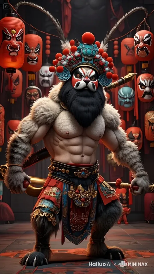 威武霸气的肌肉兽人双手拿起武器，全身灵活的表演京剧艺术，动作标准自然流畅。顶级电影特效渲染 by Hailuo AI Video Generator