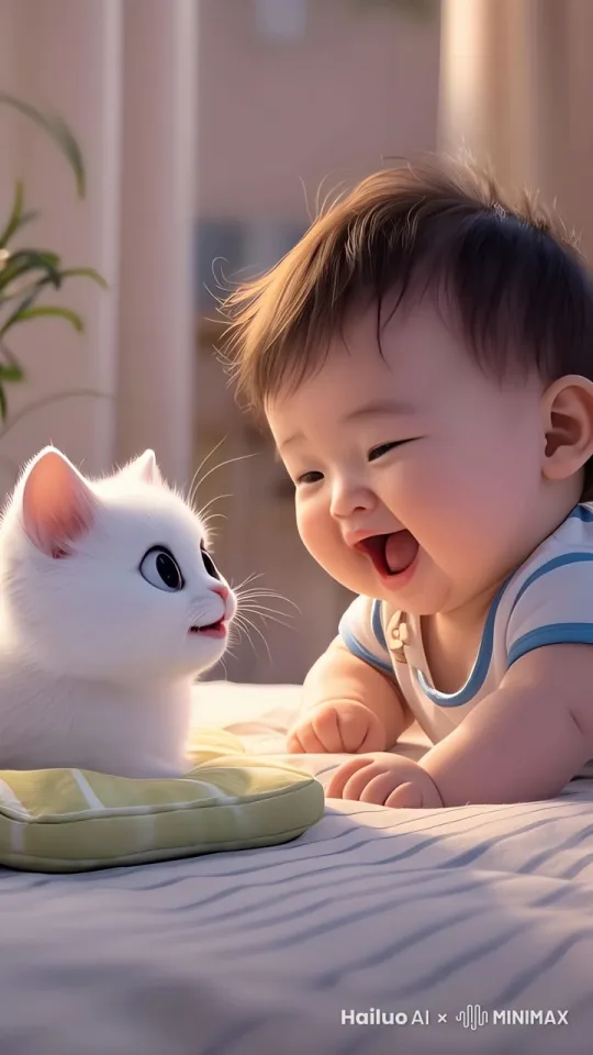 [原始意象]
可爱婴儿与活泼猫咪欢乐玩闹，婴儿爬向猫咪，伸手抚摸猫咪，猫咪伸出爪子回应婴儿，婴儿口中呀呀不停喊着奶奶
婴儿的笑声与猫咪的叫声交织，温馨满溢
[情感冲击］
从欢乐有趣到温馨动人，令人心生暖意
[技术指南]
暖色调渲染+婴儿呀呀声突出，猫咪萌态放大 by Hailuo AI Video Generator