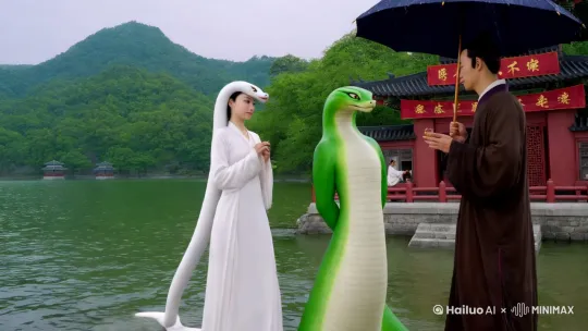 中国民间故事《白蛇传》

很久以前，峨眉山上有一种修炼成人形的白蛇精。她来到这个世界，遇到了一个青蛇精。

他们一见如故，结为姐妹，各自取名——白蛇叫白素贞，青蛇叫小青。

一天，白素贞和小青来到西湖，突然下起了大雨。这时，一位名叫徐贤的书生主动为姐妹俩打伞遮雨。

白素贞用法术仔细计算，这个徐仙是曾经救过自己的恩人。

白素贞和许仙一见钟情，很快就结婚了。他们开了一家名为“保和堂”的医院，过着幸福的生活。

白素贞经常用法术帮助许仙治病救人，人们亲切地称白素贞为“白娘子”。

离西湖不远的地方有一座金山寺，寺内有一位名叫法海的和尚。和尚法力高强，以降妖伏魔为己任。

当他认出白素贞是一个蛇精时，他决定抓住她。

这一天，法海来到保和堂，正好白素贞出去帮人看病。

法海对许仙说：“你的娘子是蛇变的，你一定要赶紧离开她，否则你的生命就不会得到保障！”

徐贤听了，生气地说：“老和尚从何而来？我妈那么漂亮善良，怎么会变成蛇呢？”

“如果你不相信，试试我的方法。蛇最怕雄黄。喝了雄黄酒，你妈一定会露出原形。”

转眼间，端午节就要到了，这一天，家家户户都会喝雄黄酒来辟邪。

徐贤虽然不相信法海，但转念一想，喝雄黄酒是端午节的习俗，没什么特别的，于是准备了一壶雄黄酒和家人一起喝。

没想到，白娘子喝了雄黄酒后，真的变成了一条白蛇。许仙见了，顿时吓得晕倒了。

许仙怎么也醒不过来，白娘子又伤心又自责。

她听说千年灵芝可以救人，于是冒着生命危险，赶紧来到深山老林，采集了千年灵芝，救了许仙。

许仙醒来后，心想：我娘太善良了，为了救我，连自己的生命都可以忽略。不管她是人还是妖，我都要和她在一起。

看到许仙不听自己的话，法海把他骗到金山寺关上。

白娘子带着小青来到金山寺救许仙，她用法术把西湖的水引过来，准备淹金山寺。

法海迅速脱下法衣，变成一条长堤，将水挡在寺门外。

大水涨一尺，长堤高一尺，大水涨一尺，长堤高一尺，白素贞一点办法都没有。

后来，法海用计划把白素贞放进金碗里，压在雷峰塔下。

就这样，许仙和白娘子这对恩爱的夫妻被活生生地拆散了。

小青看到许仙和白娘子都被法海困住了，便逃到深山老林苦心修炼。

几十年后，她的法力大增，于是回到了世界，打败了法海，从雷峰塔救出了白娘子。

从此，白娘子和许仙又幸福地生活在一起。 by Hailuo AI Video Generator