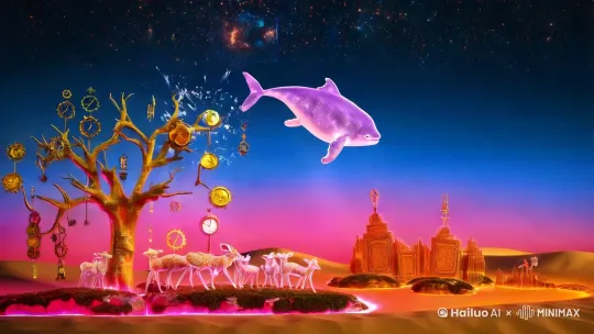 **主题**：  
「粒子重构的时空花园」

**视觉核心**：  
- 赛博水墨 × 生物发光  
- 蓝金渐变（#4B88A2→#FFD700）与量子粉（#FF69B4）碰撞  
- 三个核心意象：  
  ▷ 齿轮生长的机械树  
  ▷ 倒悬星空的数字鲸群  
  ▷ 流动沙丘中的文明符号  

**动态场景**：  
- 墨水滴破镜面，涟漪中扭曲时钟发芽  
- 全息苔藓在虚拟岩石生长，晶体鹿踏出分形花  
- 数据风暴裹挟古籍残卷，量子蒙娜丽莎切换面容  
- 陶瓷人偶在反重力场重组，声波凝成建筑轮廓  
- 黄金胚胎包裹地球磁层，最终坍缩为星际探测器  

**技术亮点**：  
- 8K HDR流体渲染  
- 动态粒子系统（布朗运动算法）  
- 材质：电路反光层+彩虹衍射特效  

**音效线索**：  
- 深海次声波基底 + 冰川碎裂节拍  
- 古筝与量子噪声音轨对抗  
- 人声吟唱（藏腔AI融合）  
 by Hailuo AI Video Generator