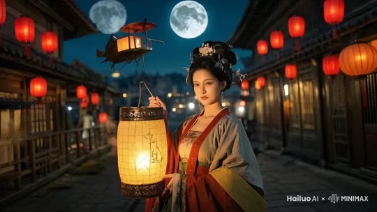 图片中的美女笑着说“谢谢婆婆”，同时伸手接过一个中国传统包装风格的红色小礼盒转身告别离开，身后空中远处亮起礼花，灯笼飞行器发着蒸汽缓缓飞过，街上有很多身穿唐朝百姓服装的行人走过 by Hailuo AI Video Generator