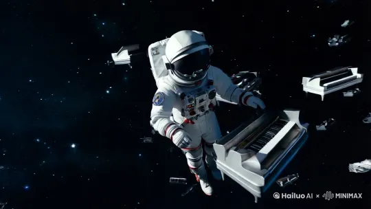 一个宇航员在满是钢琴的星空和的宇宙上漫无目的的飘着，宇航员的面罩上映着钢琴，并且给宇航员一个特写，他是背对着。 by Hailuo AI Video Generator