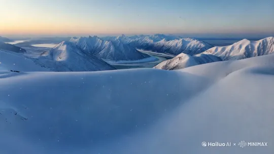 全景，大雪纷飞的北国山河，山峦起伏，白雪皑皑，远处有黄河的轮廓。
画面描述：画面以蓝白色调为主，突出雪景的壮美与辽阔。天空中飘落着大片的雪花，山峦被厚厚的积雪覆盖，黄河在远处蜿蜒流淌，仿佛一条银色的巨龙。画面中没有人物，只有大自然的雄浑之美。 by Hailuo AI Video Generator