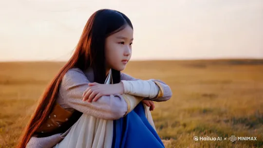 远处一个中国风时尚女孩蹲坐在空旷的草原上，双手抱着双腿，微风轻轻的吹着乌黑长发，眼睛看成着远方，远处淡淡的夕阳，似隐似现。 by Hailuo AI Video Generator