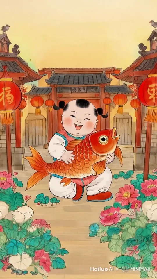 小娃娃抱着鱼往前走 by Hailuo AI Video Generator
