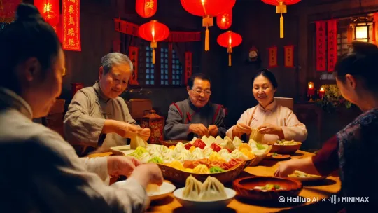 传统中国风视频，显示家庭团聚，吃饺子，过中国年的场景，使用暖色调，文字内容中国年 by Hailuo AI Video Generator