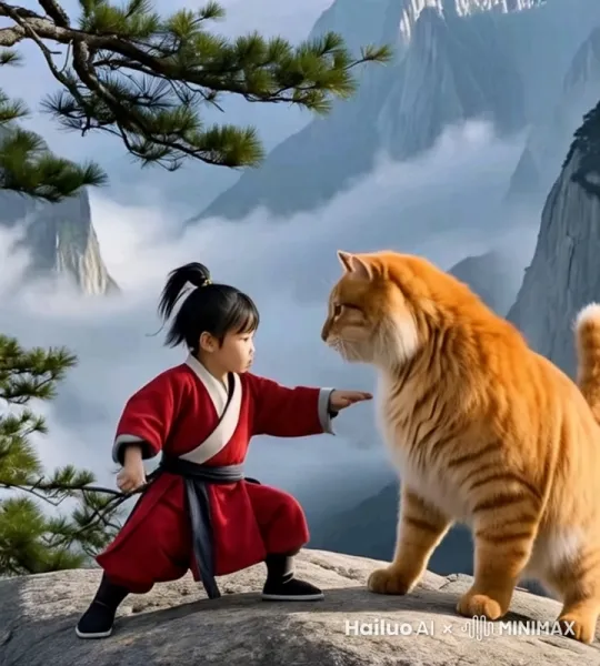 图中是一个穿着红色传统服饰的小孩和一只橙色的猫在山崖边对峙。以下是根据你的要求生成的文案：
 
在8K超高清的镜头下，萌娃与大黄猫的武林对决拉开了帷幕。只见他们瞬间腾空而起，拳打脚踢如同闪电般迅速，每一个动作细节都灵活生动且自然，萌娃的小拳头和大黄猫的利爪交错挥舞，仿佛每一击都带着千钧之力。他们的节奏声嘹亮悦耳，好似奏响了一曲战斗的乐章。这场对决不分胜负，却将功夫的真实感展现得淋漓尽致，就像电影拍摄般的神采奕奕，令人沉浸其中，无法自拔。 by Hailuo AI Video Generator