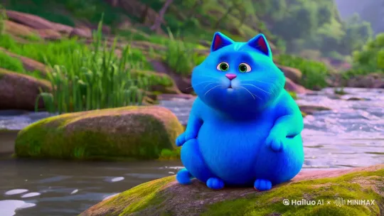 一只蓝色的胖猫在河边说话 by Hailuo AI Video Generator