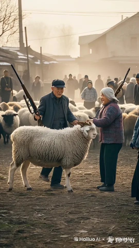 "镜头移动，动态跟随，两个人手持猎枪，身姿轻盈，即将展开一场惊心动魄的中国功夫对决。左边的人率先发动，他脚下轻点，身形如燕，瞬间跃至半空，手中猎枪直射而出，仿若枪战大片，这一招融合了轻盈的轻功与凌厉的枪式。右边的人踏着奇异的步伐，侧身躲开攻击，同时手中猎枪横扫，人群羊群四散奔跑，风声呼啸。左边的人在空中一个翻转，借着轻功之力再次拔高，猎枪自上而下猛射，气势如虹，仿佛泰山压顶。右边的人急速后退，脚步如行云流水，猎枪向上一挡，发出 “砰” 的一声巨响，两人各自借力向后飘去。落地瞬间，两人再次弹起，如鬼魅般冲向对手，猎枪子弹艘艘飞出快如闪电。
两人的身影在场地里交错翻飞，轻功使得他们的动作更加飘逸灵动，他们各自施展奇妙的轻功身法，在狭小的空间内穿梭自如，手中猎枪不时回击，角度刁钻，周围的人欢呼雀跃、四散奔跑， by Hailuo AI Video Generator