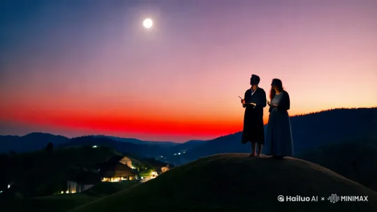 在一个傍晚月亮在村庄山头的映衬下显得格外通红，有一种想吟诗的感觉。 by Hailuo AI Video Generator