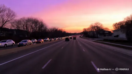 高速公路连接线，郊区，车流不息，路上有很多汽车，双车道，中间隔离带有光秃秃的树，两侧有低矮的居民楼，日落，天空是鲜明，均匀的粉色和紫色，黄昏氛围，行车记录仪视角,中心构图,超高清,4K分辨率,完美的画面， 风格：摄影,超广角,黄昏射线 by Hailuo AI Video Generator