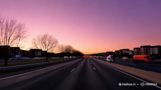 高速公路连接线，郊区，车流不息，路上有很多汽车，双车道，中间隔离带有光秃秃的树，两侧有低矮的居民楼，日落，天空是鲜明，均匀的粉色和紫色，黄昏氛围，行车记录仪视角，快速行驶，中心构图,超高清,4K分辨率,完美的画面， 风格：摄影,超广角,黄昏射线 by Hailuo AI Video Generator