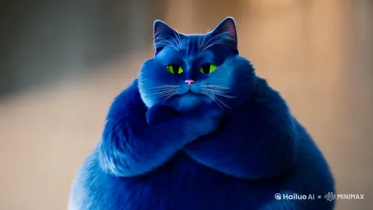 一只蓝色的胖猫先抱着手臂后张开手臂 by Hailuo AI Video Generator