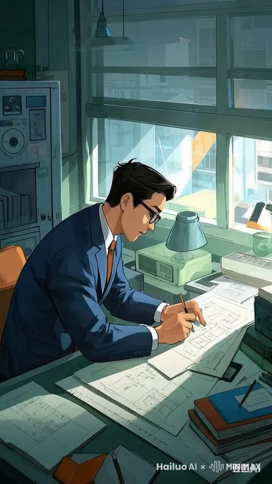 镜头 3：研发部近景
景别：近景（Close - up）
画面：陈宇在研发部办公室，四周的书架上摆满了各类技术资料和图纸。他坐在桌前，身着简约衬衫，领口微微敞开，袖子随意挽起，露出结实的小臂。戴着一副黑框眼镜，眼神专注而深邃，正认真研究手中的图纸，不时用铅笔在旁边的本子上记录，翻纸声和轻微的书写声清晰可闻。
旁白：“I was in a relationship with Chen Yu, a man renowned for his talent in the R & D department. Our love story was once the talk of the town.”
时长：8s
运镜：固定镜头（Fixed）
音效：翻纸声，轻微的思考音效（Paper - flipping sounds, soft thinking - like sound effects） by Hailuo AI Video Generator