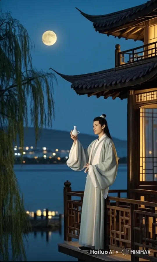 文人在秋夜中，笑看红尘，醉卧西楼，仿佛在享受着人生中最美好的时光。 by Hailuo AI Video Generator