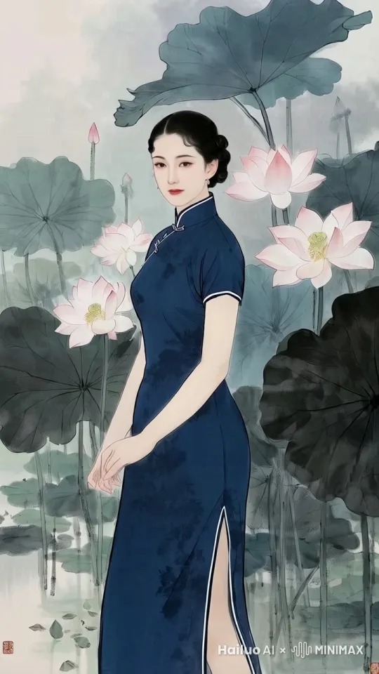 女子跳舞。身后的花朵树叶摇摆。 by Hailuo AI Video Generator