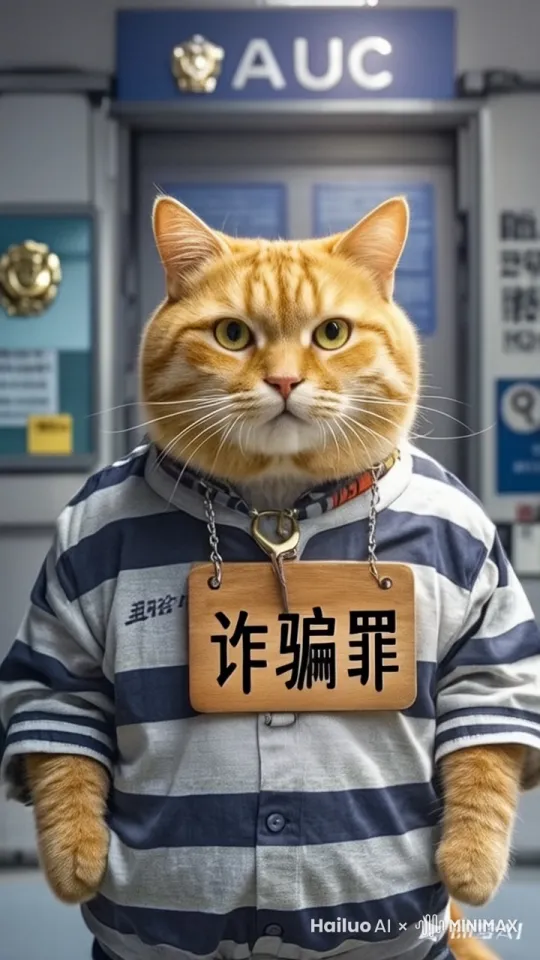 从一张橘猫在警局里的静态图片开始，画面逐渐过渡到动态视频，橘猫的动作变得生动，表现出后悔和无奈的情绪，警局里的背景声逐渐响起，营造出紧张和严肃的氛围。 by Hailuo AI Video Generator