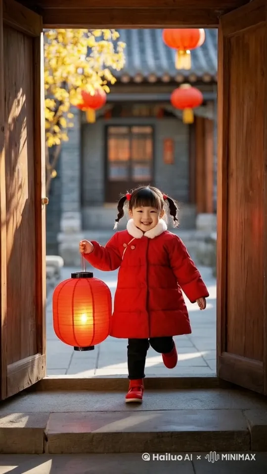 小女孩提着灯笼，开心的走进院子里，表情自然，动作自然流畅，光线细腻。 by Hailuo AI Video Generator