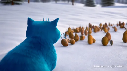 蓝色大胖猫在冬天看小土豆跳舞 by Hailuo AI Video Generator