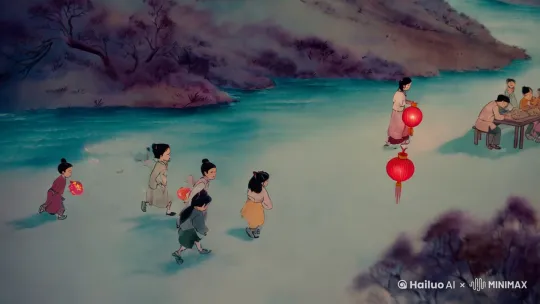 "Montage of idyllic vignettes depicting peaceful family life during Chinese New Year in Chinese ink wash animation style - children playing with lanterns, families preparing dumplings, beautiful landscapes with flowing rivers. Soft, muted colors, dreamlike and heartwarming." (蒙太奇镜头，以彩色中国水墨动画风格描绘中国新年期间宁静的家庭生活片段 - 孩子们玩灯笼，家人一起包饺子，美丽的风景，河流蜿蜒流淌。柔和的色彩，梦幻而温馨。) by Hailuo AI Video Generator