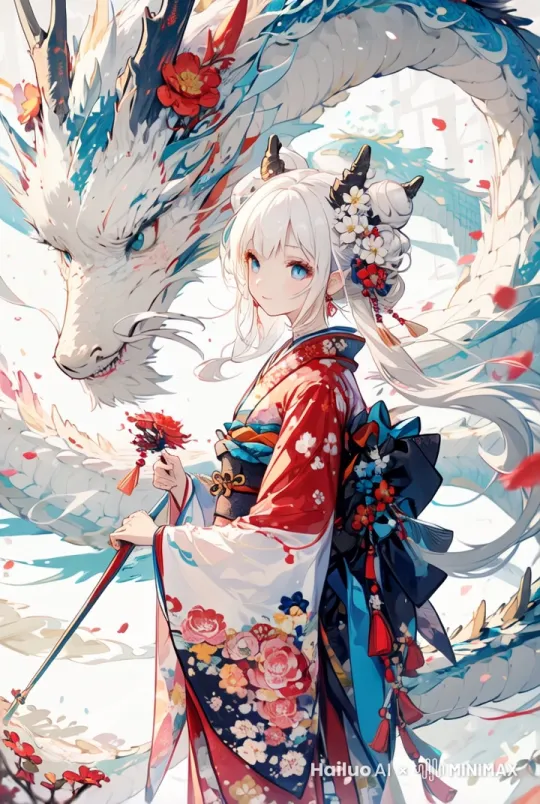 一位白发如雪、双眸湛蓝如澄澈湖水的少女，面容精致，眉眼间透着温柔与灵动。身着色彩明艳且带有细腻刺绣的传统和服，和服上牡丹、樱花等花卉栩栩如生，腰间系着宽大且装饰有流苏的锦带。她手持花枝，微微侧身，眼神温柔地看向身旁的神龙，嘴角带着一抹若有若无的浅笑，发丝随风轻轻飘动。
身旁是一条拥有巨大身躯、覆盖着闪烁幽光蓝白色鳞片的神龙，龙角粗壮且带有神秘纹路，口中吐出的气息仿佛都带有丝丝寒意，龙身周围环绕着飘落的花瓣与水汽。神龙蜿蜒盘旋，头部微微低垂，眼神温和地注视着少女，龙尾轻柔地摆动，周围的水汽和花瓣随着它的动作而飘动。
画面采用新海诚风格的绚丽色彩，融合东方水墨画的写意笔触，柔和的自然光从画面上方斜射下来，在少女和神龙身上形成明暗对比，发丝与和服边缘闪烁着微光，神龙的鳞片在光线下熠熠生辉。营造出一种静谧、祥和且带有神秘色彩的氛围，仿佛置身于一个不为人知的仙境，花瓣缓缓飘落，空气中弥漫着淡淡的花香。 by Hailuo AI Video Generator