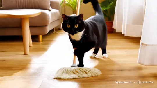 生成一个视频，内容是一只黑白花的猫在家里用拖把拖地。这只猫的两只眼睛周围开始向后到头顶到背部到尾巴的毛是乌黑发亮的，腹部和四肢是纯白色的。眼睛是明亮的，金棕色显得非常灵动。他站在拖把的一端，用两只前爪紧紧握住拖把柄，模仿人类拖地的动作。拖把头在木质地板上缓缓移动，留下一道道清洁的痕迹。场景是一个布置温馨的客厅，地板是浅色的木质材质，房间里有柔软的沙发茶几和几盆绿植，阳光透过白色的窗帘洒在地板上，营造出温暖而舒适的氛围，整体风格幽默且温馨，节奏轻松愉快，背景音乐可以是一段轻快的钢琴曲。 by Hailuo AI Video Generator