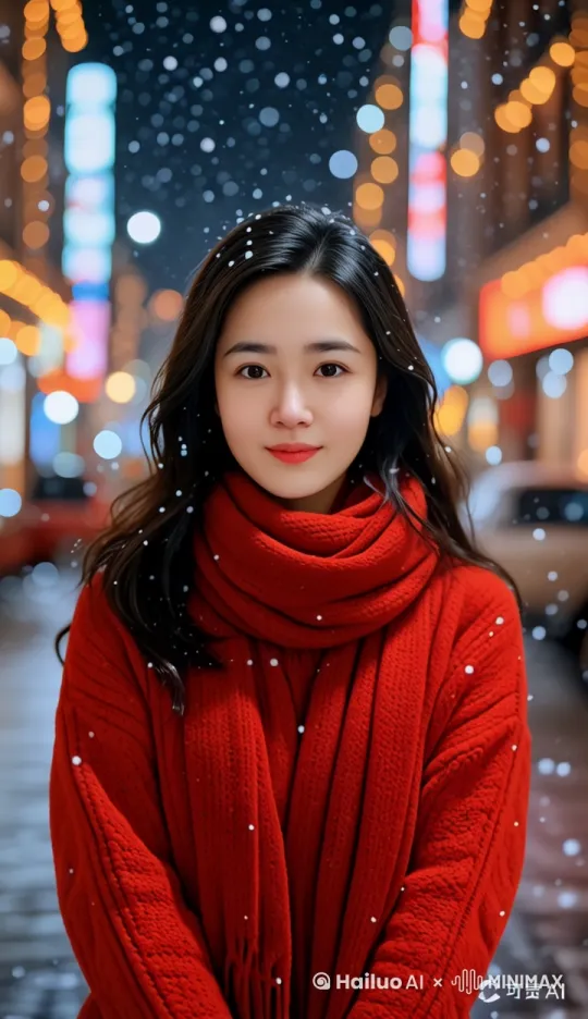 远景镜头，镜头跟随着女人在拍摄，女人一步步地向前走，走向镜头，最后停留在图片位置，非常开心；背景中，雪花在不断飘落，远处霓虹灯闪烁 by Hailuo AI Video Generator