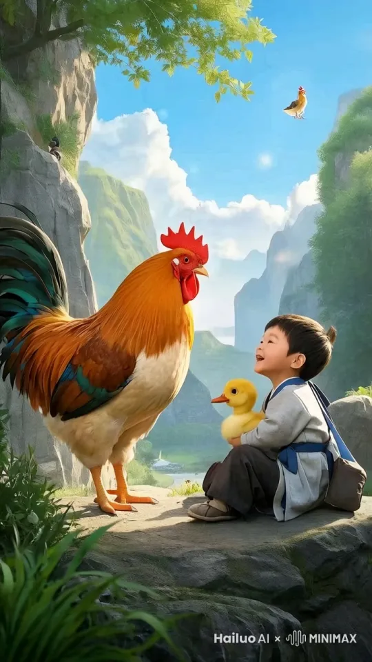 史诗般的暴力打斗场面，镜头跟随图片的鸡和小男孩拳打脚踢。快速暴力动作片作为两人的生死战，电影级画面，拳打脚踢动作非常快速，打出幻影。 by Hailuo AI Video Generator