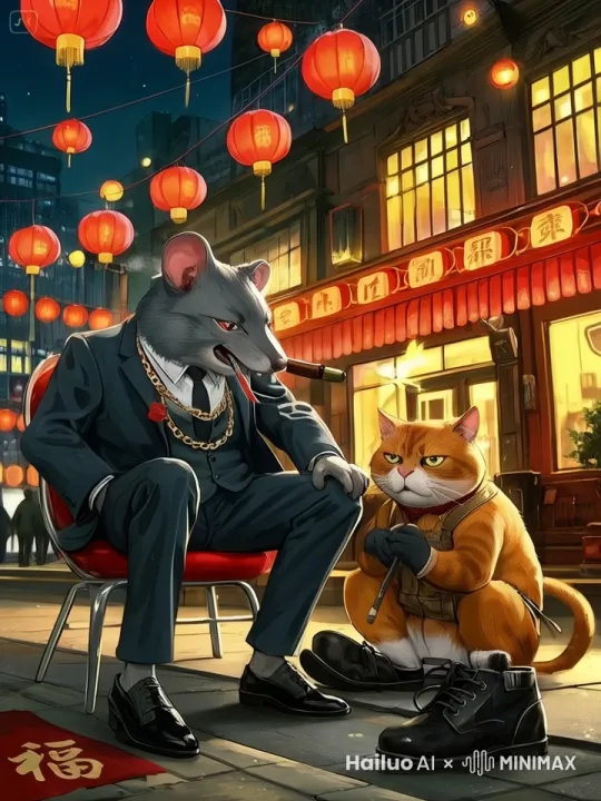 夜幕低垂，霓虹灯闪烁的都市街头，建筑上挂满了红彤彤的灯笼，灯笼上写着“福”字，一幅生动的拟人化场景映入眼帘。左侧，一只身着笔挺西装的黑色大老鼠，傲然端坐于一把鲜红的椅子上，颈间悬挂着粗重的金项链，嘴里轻衔一支雪茄，烟雾缭绕。他的眼神中透露出不可一世的傲慢与不屑，一只大猫正蹬在地上弯着腰，小心翼翼地给老鼠擦着皮鞋。老鼠一脸不耐烦，嘴里叽里呱啦，骂骂咧咧地，将擦鞋布掷向对面的橙色大猫。右侧，这只大猫穿着破旧的工装裤，弯着腰蹲在地上，一脸惶恐与懵逼，大猫唯唯诺诺不知道做错了什么。大猫的脸庞被污垢覆盖，工作服破烂不堪，眼中流露出无奈与顺从，仿佛承受着无形的压力。背景中，一家装饰奢华的餐厅悄然矗立，与这幕街头戏剧形成鲜明对比。整个画面笼罩在一种紧张而压抑的氛围之中，如同一场无声的权力较量，生动展现了两个不同世界的碰撞。近景特写，采用低角度拍摄，强调角色之间的地位差异。 by Hailuo AI Video Generator